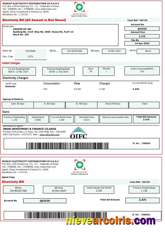 OMAN MUSCAT ELECTRICITY business utility bill